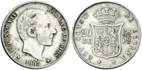 1884. Alfonso XII. Manila. 20 centavos. (AC. 110). Escasa. 5,04 g. MBC/MBC+.