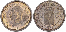 1911*11. Alfonso XIII. PCV. 2 céntimos. (AC. 13). Parte de brillo original. 2,03 g. EBC-.