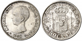 1892*92. Alfonso XIII. PGM. 50 céntimos. (AC. 38). 2,46 g. EBC+.