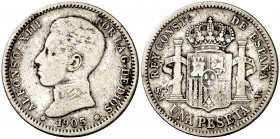 1905*1905. Alfonso XIII. SMV. 1 peseta. (AC. 70). Escasa. 4,87 g. BC+.