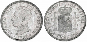 1905*1905. Alfonso XIII. SMV. 2 pesetas. (AC. 88). Brillo original. 9,83 g. EBC.