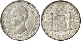 1889*1889. Alfonso XIII. MPM. 5 pesetas. (AC. 93). Leves marquitas. Parte de brillo original. 24,90 g. MBC+.