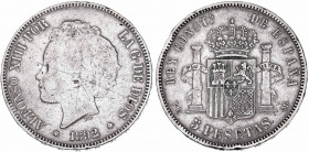 1892*1892. Alfonso XIII. PGM. 5 pesetas. (AC. 100). Tipo "bucles". En anverso, rayas en forma de cruz. Golpecitos. 24,94 g. BC/BC+.