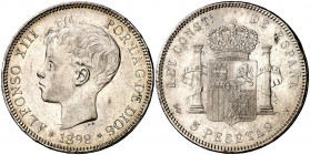 1898*1898. Alfonso XIII. SGV. 5 pesetas. (AC. 109). Leves golpecitos. Parte de brillo original. 24,85 g. EBC-.
