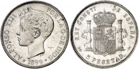 1899*1899. Alfonso XIII. SGV. 5 pesetas. (AC. 110). Golpecito. 24,86 g. (EBC-).