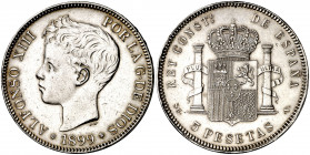 1899*1899. Alfonso XIII. SGV. 5 pesetas. (AC. 110). Limpiada. 25,05 g. MBC+/EBC-.