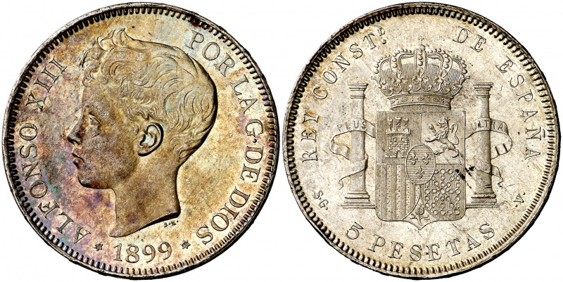 1899*1899. Alfonso XIII. SGV. 5 pesetas. (AC. 110). Golpecito en borde del rever...