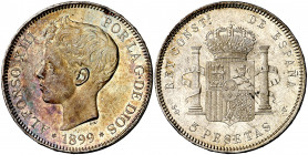1899*1899. Alfonso XIII. SGV. 5 pesetas. (AC. 110). Golpecito en borde del reverso. Pátina. 25,02 g. (EBC+).