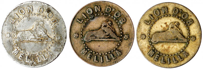Melilla. Lion d'Or. 5, 25 y 100. Serie de 3 fichas. MBC-/MBC.
