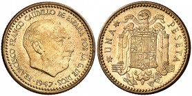 1947*E51. Franco. 1 peseta. (AC. 152). II Exposición Nacional de Numismática. Rara. 3,46 g. S/C.