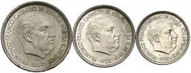 1957. Franco. BA (Barcelona). 5, 25 y 50 pesetas. (AC. 154 a 156). I Exposición Iberoamericana de Numismática y Medallística. Serie completa de 3 mone...