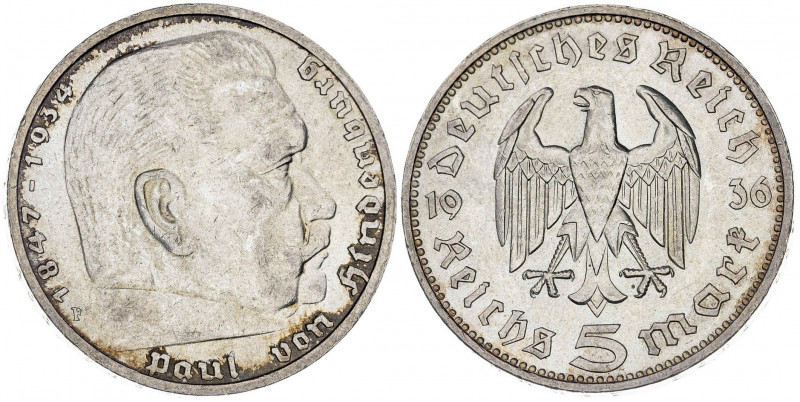 Alemania. 1936. F (Stuttgart). 5 marcos. (Kr. 86). AG. 13,88 g. EBC+.