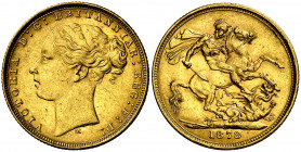 Australia. 1878. Victoria. M (Melbourne). 1 libra. (Fr. 16) (Kr. 7). Leves marquitas. AU. 7,98 g. MBC+.