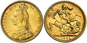 Australia. 1889. Victoria. M (Melbourne). 1 libra. (Fr. 20) (Kr. 10). Leves rayitas. AU. 7,97 g. MBC/MBC+.