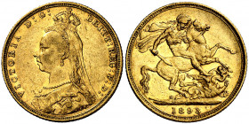 Australia. 1893. Victoria. M (Melbourne). 1 libra. (Fr. 20) (Kr. 10). Leves marquitas. AU. 7,95 g. MBC/MBC+.