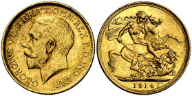 Australia. 1914. Jorge V. S (Sydney). 1 libra. (Fr. 38) (Kr. 29). Golpecitos. AU. 7,97 g. MBC+.