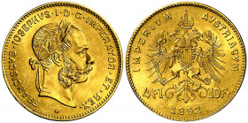 Austria. 1892. Francisco José I. 4 florines / 10 francos. (Fr. 503R) (Kr. 2260). Reacuñación. AU. 3,23 g. S/C.