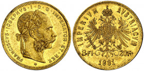 Austria. 1881. Francisco José I. 8 florines / 20 francos. (Fr. 502) (Kr. 2269). AU. 6,44 g. MBC+.