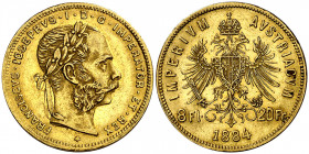 Austria. 1884. Francisco José I. 8 florines / 20 francos. (Fr. 502) (Kr. 2269). AU. 6,45 g. MBC+.