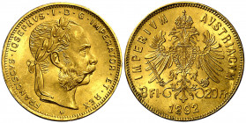 Austria. 1892. Francisco José I. 8 florines / 20 francos. (Fr. 502R) (Kr. 2269). Reacuñación. AU. 6,44 g. S/C.