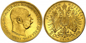 Austria. 1915. Francisco José I. 20 coronas. (Fr. 509R) (Kr. 2818). Reacuñación. AU. 6,77 g. S/C.