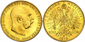 Austria. 1915. Francisco José I. 100 coronas. (Fr. 507R) (Kr. 2819). Reacuñación. AU. 33,86 g. S/C.