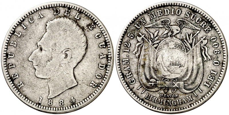 Ecuador. 1884. Heaton, Birmingham. 1/2 sucre. (Kr. 52). AG. 12,21 g. MBC-.