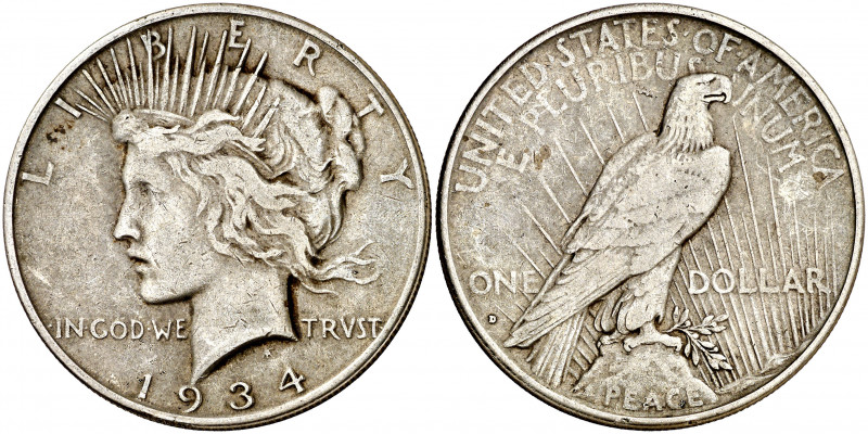 Estados Unidos. 1934. D (Denver). 1 dólar. (Kr. 150). Escasa. AG. 26,53 g. MBC+....