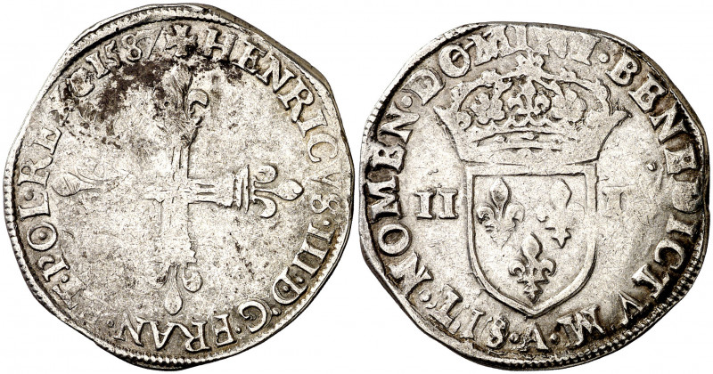 Francia. 1587. Enrique III. A (París). 1/4 de ecu. (D. 1133). AG. 9,56 g. MBC+/M...