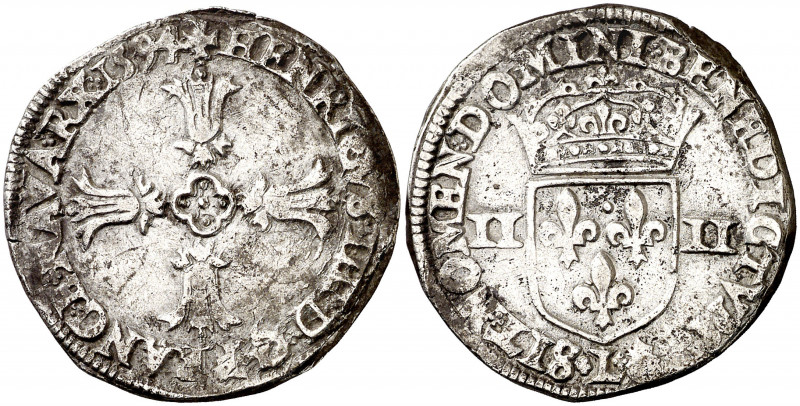 Francia. 1594. Enrique IV. L (Bayona). 1/4 de ecu. (D. 1222). AG. 9,49 g. MBC+.