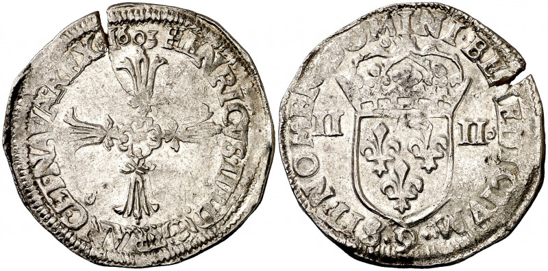 Francia. 1603. Enrique IV. 9 (Rennes). 1/4 de ecu. (D. 1222). AG. 9,54 g. MBC+.