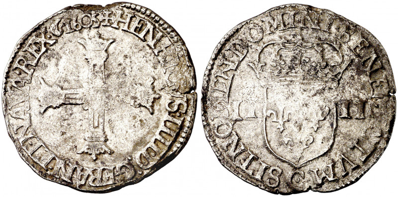 Francia. 1605. Enrique IV. C (Saint-Lô). 1/4 de ecu. (D. 1222). AG. 9,64 g. MBC/...