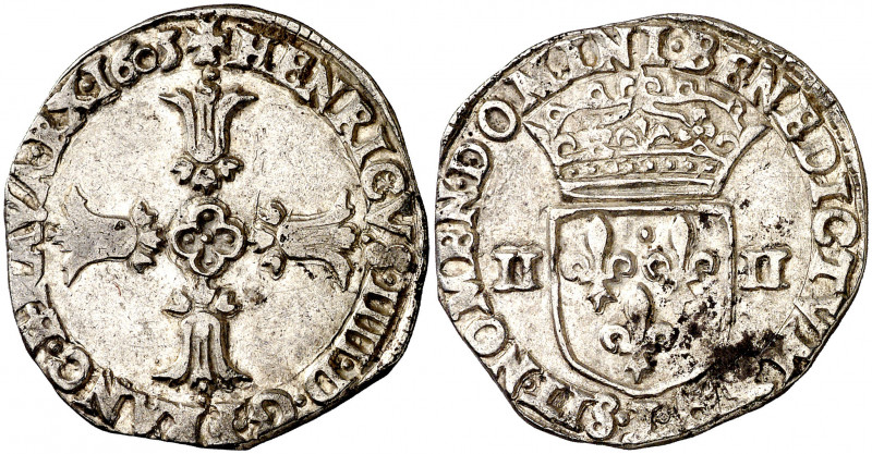 Francia. 1605. Enrique IV. I (Limoges). 1/4 de ecu. (D. 1222). AG. 9,51 g. MBC+.