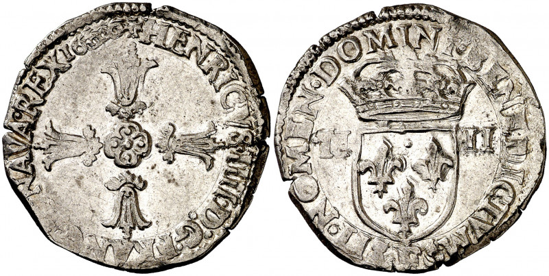 Francia. 1606. Enrique IV. F (Angers). 1/4 de ecu. (D. 1222). AG. 9,57 g. MBC+/E...