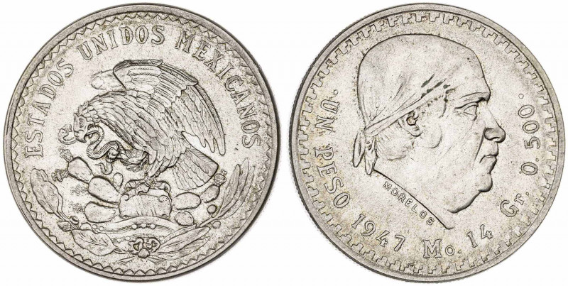 México. 1947. México. 1 peso. (Kr. 456). AG. 13,96 g. EBC.