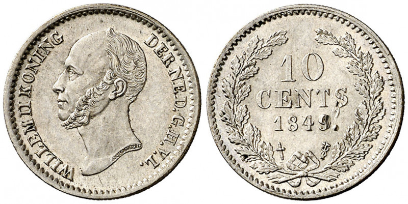 Países Bajos. 1849. Guillermo II. 10 céntimos. (Kr. 75). Golpecito en reverso. A...