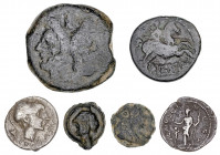 Lote formado por 2 denarios, 2 bronces republicanos, 1 de la Galia y 1 as de Bolscan. Total 6 monedas. BC-/MBC-.