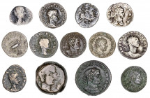 Lote formado por 1 as de Castulo, 1 follis, 7 antoninianos, 2 denarios y 2 pequeños bronces bajoimperiales. 13 piezas. A examinar. RC/MBC+.