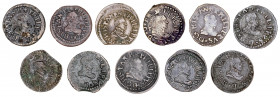 1611. Felipe III. Vic. Lote de 11 diners, diversas variantes. A examinar. BC/MBC.