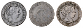 1866 a 1868. Isabel II. Jubia. 5 céntimos de escudo. Lote de 3 monedas. BC/MBC.