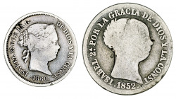 Isabel II. Madrid. Lote de 2 monedas: 1 real de 1860 y 2 reales 1852. BC-/BC.