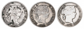 1868. Isabel II. Manila. 20 centavos. Lote de 3 monedas. A examinar. BC/MBC-.