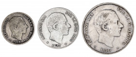 1883. Alfonso XII. Manila. 10, 20 y 50 centavos. Lote de 3 monedas. A examinar. BC/MBC-.