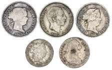 Lote de 5 monedas: 2 reales 1777 Madrid, 40 céntimos de escudo 1866, 50 centavos Manila 1865, 1868 y 1882. A examinar. RC/BC.