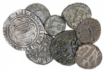 Lote de 3 feluses, 1 pugesa de Lleida, 1 pirral de Jaume II, 1 óbolo de Alfonso X y 2 moneditas extranjeras. Total 8 monedas. A examinar. BC/MBC-.