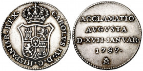1789. Carlos IV. Madrid. Proclamación. (Ha 65) (V. 88) (V.Q. 13120) (Ruiz Trapero 147-148). Plata. 3 g. Ø20 mm. MBC+.