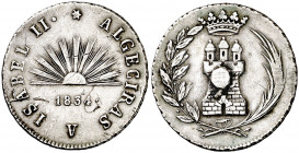 1834. Isabel II. Algeciras. Proclamación. (Ha. 1) (V. 736) (V.Q. 13348) (Ruiz Trapero 605). Soldadura. Plata. 5,83 g. Ø25 mm. (MBC-).