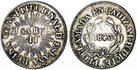 1843. Isabel II. Cádiz. Mayoría de edad. (Ha. 4) (V. 780) (V.Q. 13412) (Ruiz Trapero 628). Rayitas. Plata. 7,69 g. Ø23 mm. MBC+/MBC.