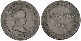 1843. Isabel II. Ferrol. Mayoría de edad. (Ha. 7) (V. 784) (V.Q. 13415) (Ruiz Trapero 632). Bronce. 8,58 g. Ø26 mm. BC.