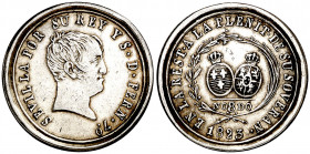 1823. Fernando VII. Sevilla. Restauración del Absolutismo. (V. 347) (V.Q. 14244) (Ruiz Trapero 509). Plata. 3,54 g. Ø20 mm. MBC+.